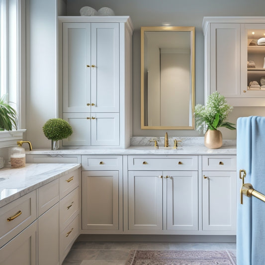 A serene, modern bathroom with a wall-to-wall built-in cabinet system featuring soft-close drawers, open shelving, and a recessed medicine cabinet, surrounded by calming white and gray marble accents.