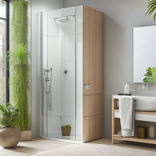 A minimalist bathroom with a large, wall-mounted cabinet featuring sliding glass doors, surrounded by sleek, chrome-finished towel racks, and a few decorative plants on a recessed shelf.