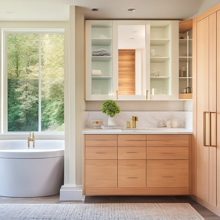 A serene, modern bathroom with a bespoke cabinetry system, featuring soft-close drawers, wall-mounted shelves, and a recessed medicine cabinet, surrounded by a calming blend of whites, creams, and natural woods.