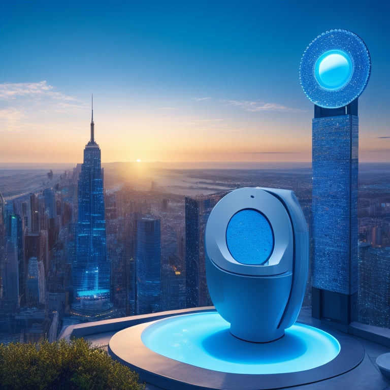 An illustration of a futuristic toilet with a glowing blue core, surrounded by orbiting gears and cogs, set against a cityscape backdrop with greenery and a bright, sunny sky.