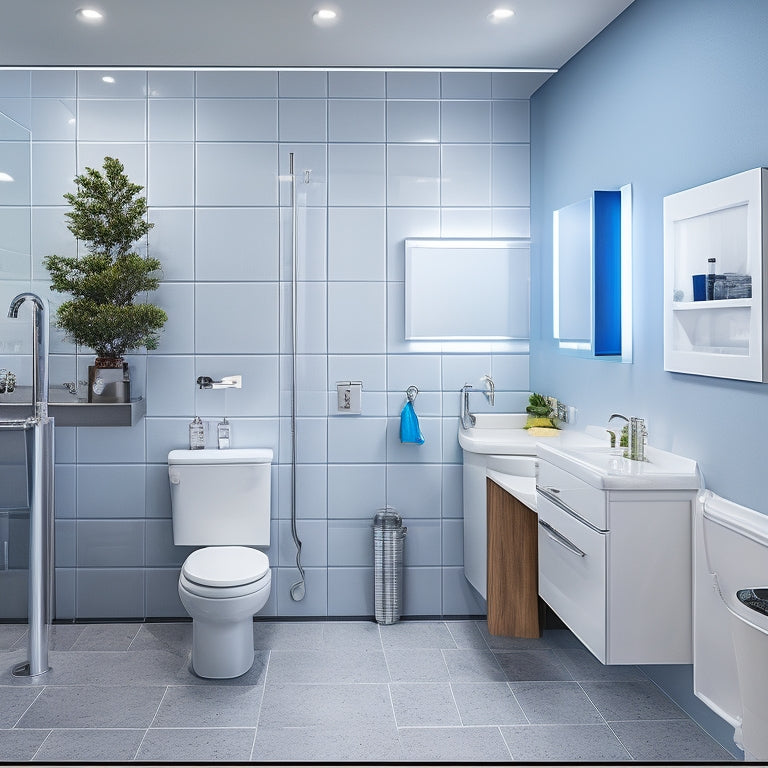 A clean, modern restroom with shiny fixtures and gleaming floors, a tablet or smartphone on the counter displaying a log template on the screen, surrounded by cleaning supplies and tools.