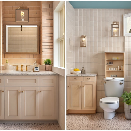 A modern bathroom with five wall-mounted corner cabinets in different styles, each with unique door designs, lighting, and fixtures, set against a soft, neutral-colored background with subtle tile patterns.
