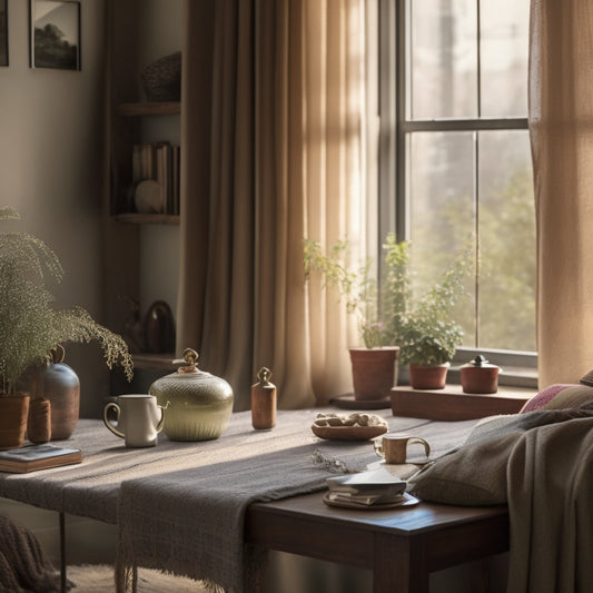 A cluttered room with scattered items, dusty furniture, and torn curtains, transformed into a minimalist space with a few select decorative pieces, natural light pouring in through clean windows.
