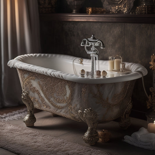 An ornate, antique bathtub with claw feet, surrounded by plush towels and candles, featuring a delicate, lace-edged tissue holder adorned with intricate metalwork and a petite, ornamental soap dish.