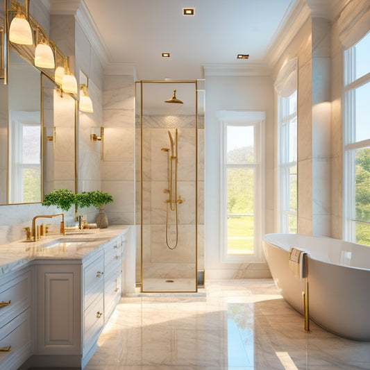 A 3D rendering of a luxurious bathroom with creamy marble countertops, a freestanding tub, and a spacious walk-in shower with glass walls, surrounded by sleek, modern fixtures and warm, natural light.