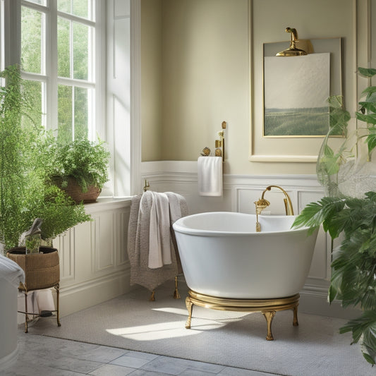 A serene bathroom scene featuring a freestanding tub with gold fixtures, surrounded by floor-to-ceiling white marble, a floor lamp with a linen shade, and lush greenery spilling from a woven basket.