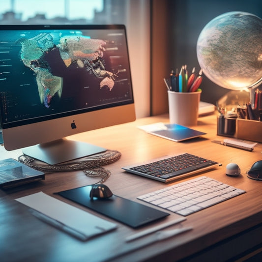 A futuristic desk with a laptop displaying a digital map, surrounded by scattered papers, pens, and a globe, with colorful threads connecting ideas and locations, amidst a subtle cityscape background.