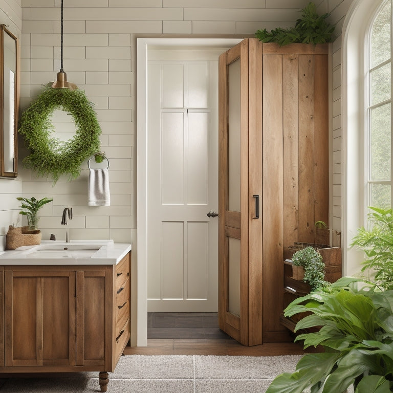 A sleek, modern bathroom with cream-colored walls, featuring a reclaimed wood wall cabinet with rustic, weathered doors and metal hardware, surrounded by lush greenery and soft, warm lighting.