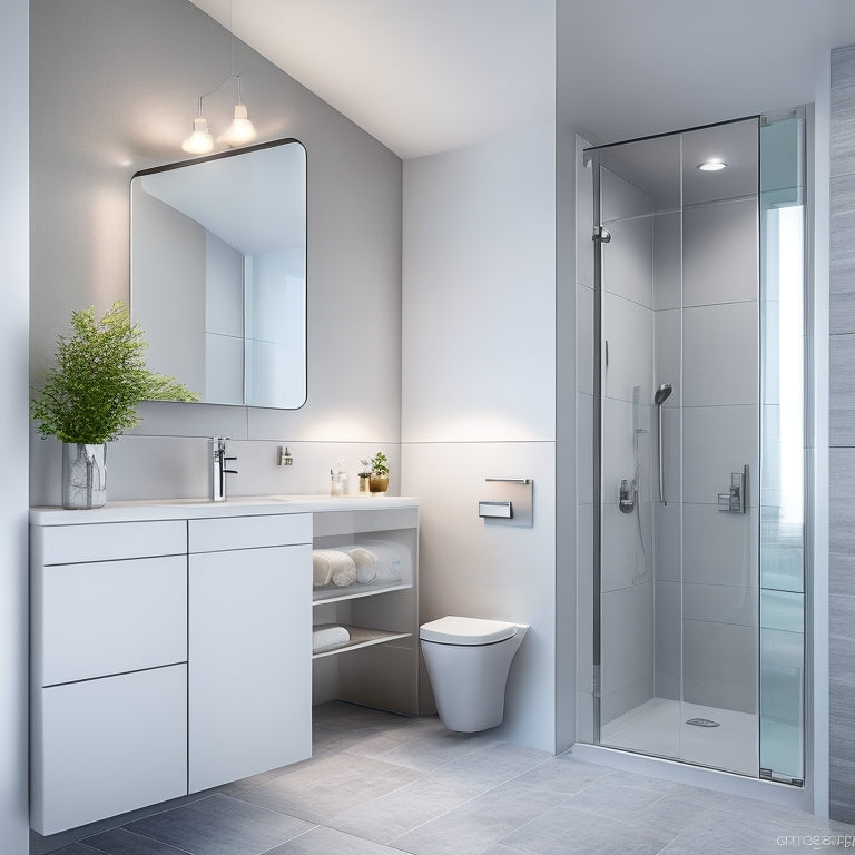 A serene, modern bathroom with a compact, wall-mounted cabinet featuring sliding glass doors, soft LED lighting, and a mirrored front, surrounded by calming gray and white tiles.