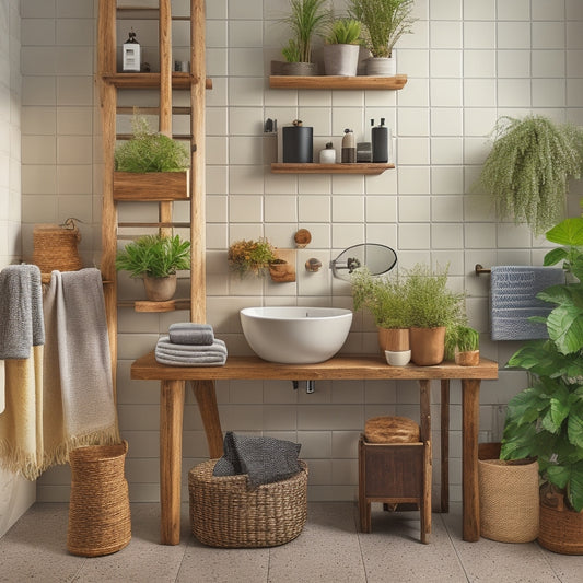 A beautifully styled bathroom with a mix of industrial and rustic elements, featuring a wooden ladder shelf against a grey wall, holding potted plants, towels, and decorative bottles.