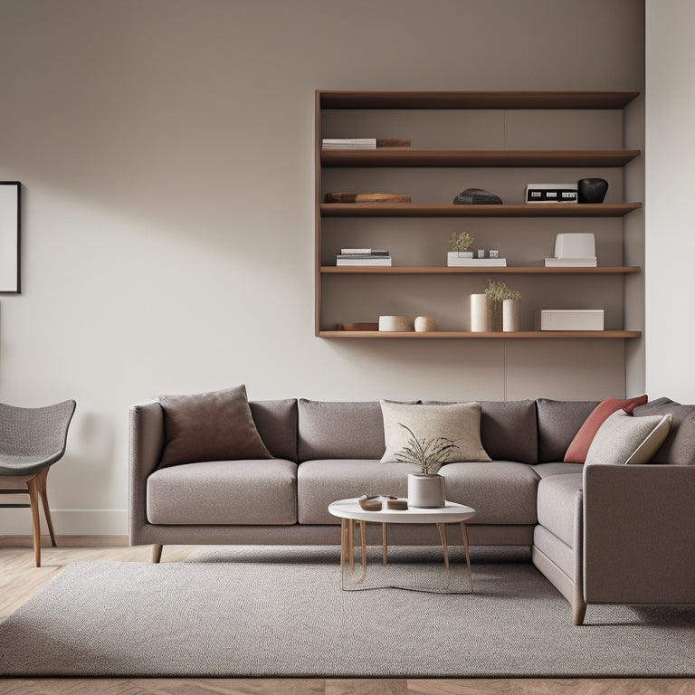 A minimalist apartment interior with a mix of clever storage solutions: a wall-mounted shelf above a sleek sofa, a storage ottoman, and a hidden compartment coffee table.