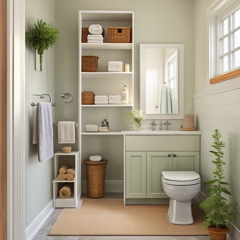 A serene, minimalist small bathroom with a pedestal sink, toilet, and shower, featuring a recessed medicine cabinet, a wall-mounted shelf, and a woven storage basket under the sink.