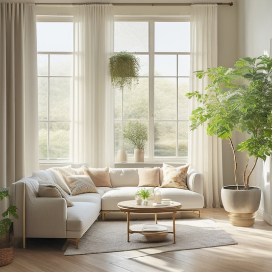 A serene, sunlit room with a plush, cream-colored sectional sofa, surrounded by potted greenery, a minimalist wooden coffee table, and a floor-to-ceiling window with billowy white curtains.