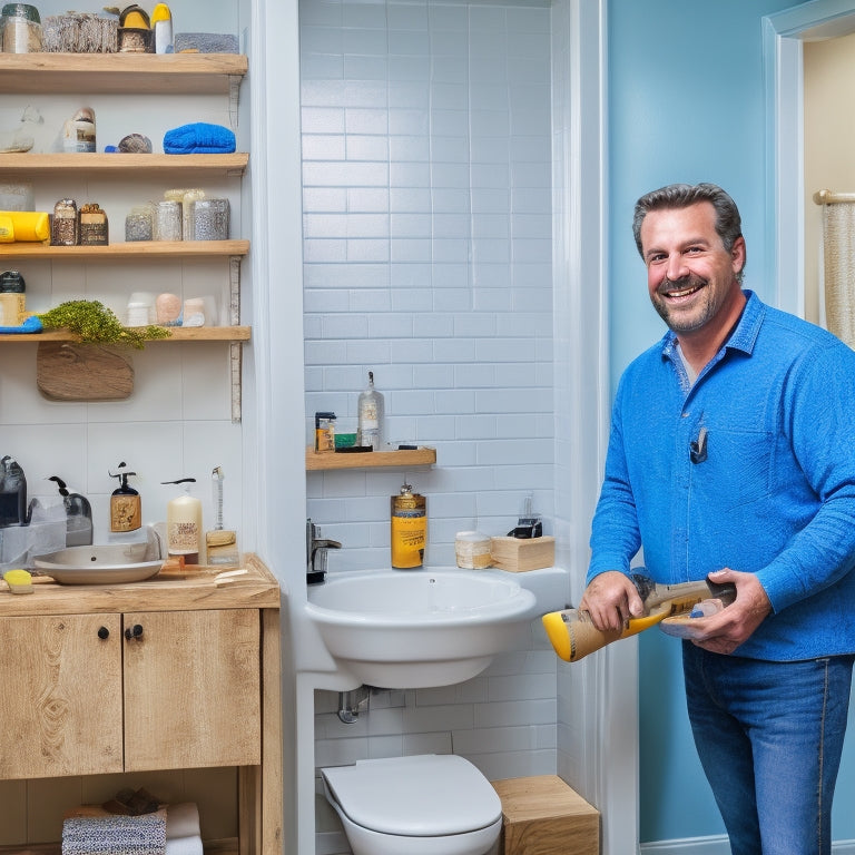 A bathroom with a partially installed shelf, surrounded by DIY tools and materials, with a few scattered instructions and a confident, smiling homeowner in the background, proudly holding a drill.