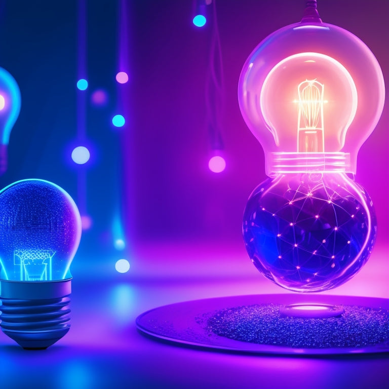 A futuristic, minimalist illustration of a glowing lightbulb surrounded by orbiting AV devices, with subtle circuitry patterns in the background, and a subtle gradient of blue and purple hues.