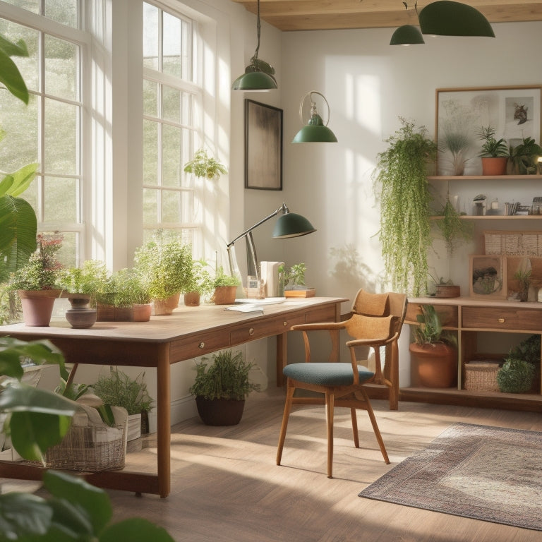 A serene, well-organized homeschooling area with a large wooden desk, ergonomic chairs, and a floor-to-ceiling bookshelf in the background, surrounded by calming plants and natural light.