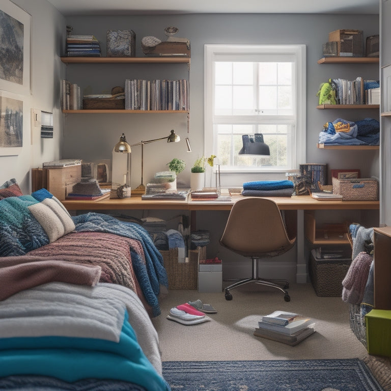 A cluttered, compact room with a messy desk, overflowing bookshelf, and scattered clothes, contrasted with a tidy, organized version of the same space featuring a Murphy bed, hanging storage bins, and a foldable desk.