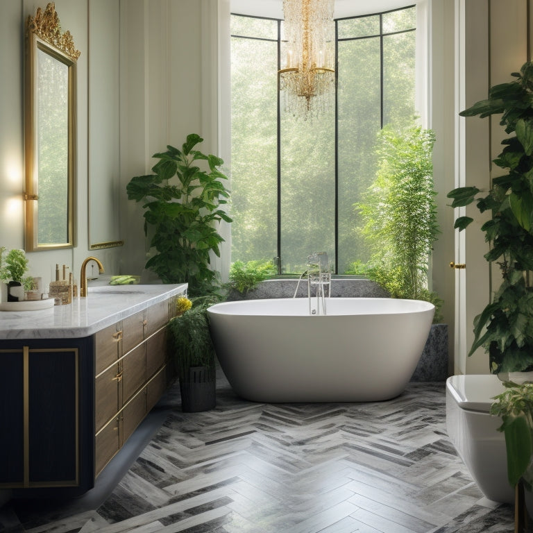 A sleek, minimalist bathroom with a freestanding tub, marble countertops, and a geometric-patterned floor, surrounded by lush greenery and illuminated by a stunning chandelier.