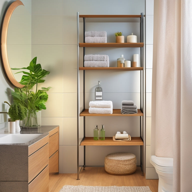 A sleek, modern bathroom with a wall-mounted organizer featuring multiple glass shelves, woven baskets, and a towel rack, surrounded by minimalist decor and soft, natural lighting.