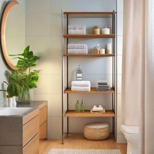 A sleek, modern bathroom with a wall-mounted organizer featuring multiple glass shelves, woven baskets, and a towel rack, surrounded by minimalist decor and soft, natural lighting.