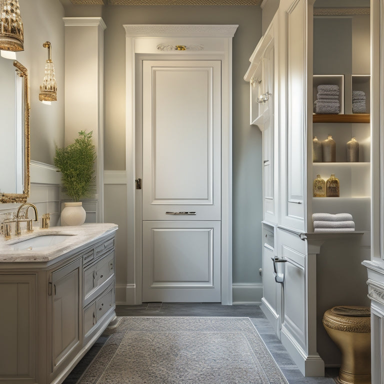 A sleek, modern bathroom with a freestanding tub, featuring a hidden storage cabinet behind a sliding mirror, and a recessed shelf in the wall with rolled towels and ornate decorative bottles.