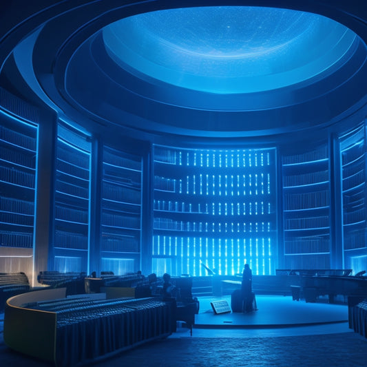 A futuristic, dimly lit concert hall with rows of holographic shelves filled with glowing, swirling classical music scores, surrounded by orbiting robotic librarians with glowing blue eyes.