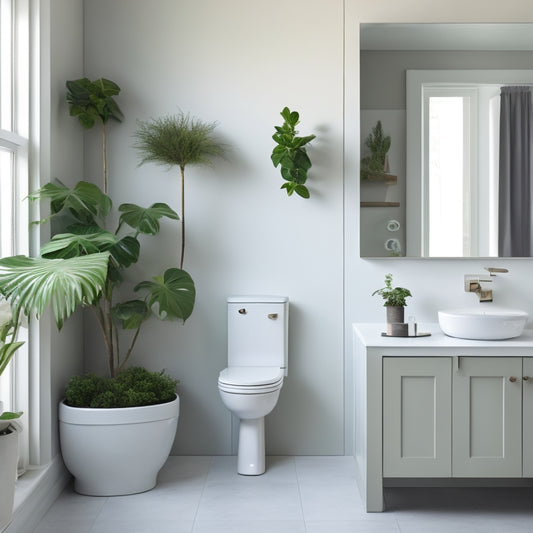 A serene, minimalist bathroom with a wall-mounted cabinet, a pedestal sink, and a compact toilet, surrounded by calming white and gray tones, with a few lush green plants.