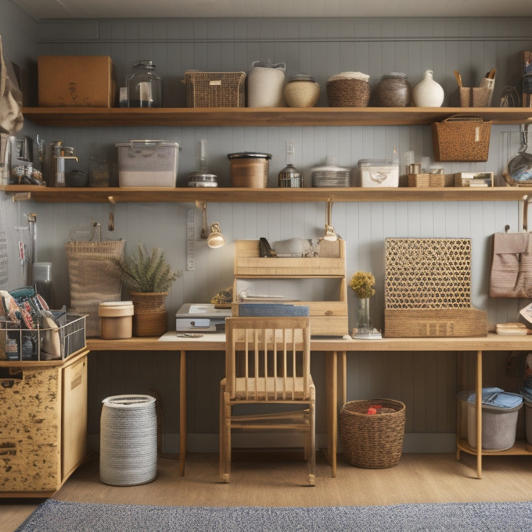 A clutter-free room with a pegboard on the wall, holding baskets and bins, surrounded by a tidy desk with labeled jars and a small, organized bookshelf in the background.