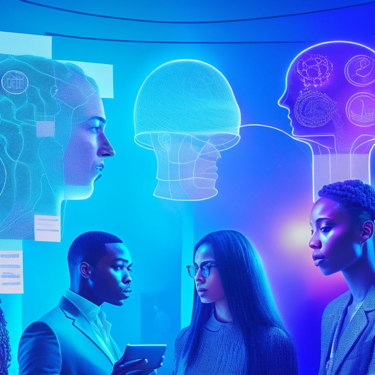 A futuristic, sleek, and minimalist illustration depicting a group of diverse individuals connected by glowing, swirling lines and shapes, surrounded by floating sticky notes and brain icons.