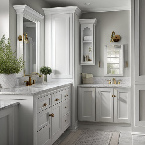 A serene bathroom scene featuring a white Shaker-style cabinet with clean lines, recessed panel doors, and ornate hardware, set against a soft gray wall and paired with a crisp white sink and faucet.