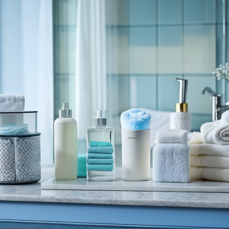 A tidy bathroom countertop with a set of five clear, stackable containers in various sizes, each containing different bathroom essentials, such as cotton balls, Q-tips, and toiletries, surrounded by a few rolled towels.