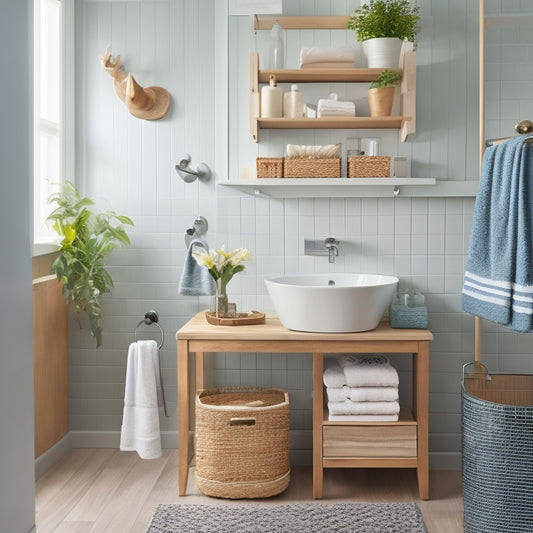 A tidy bathroom with a wall-mounted shelf holding a woven basket, a countertop with a decorative tray, a pedestal sink with a slide-out drawer, and a shower caddy with hooks and a soap dish.