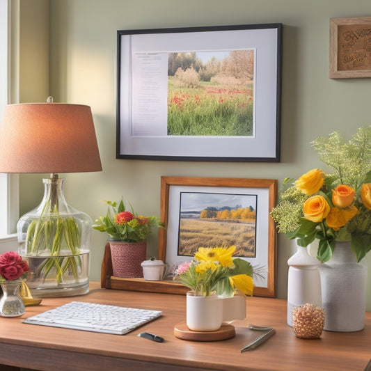 A serene and organized home office with a wooden desk, a vase with fresh flowers, a few framed photos, and a corkboard with colorful notes and a calendar, surrounded by natural light.