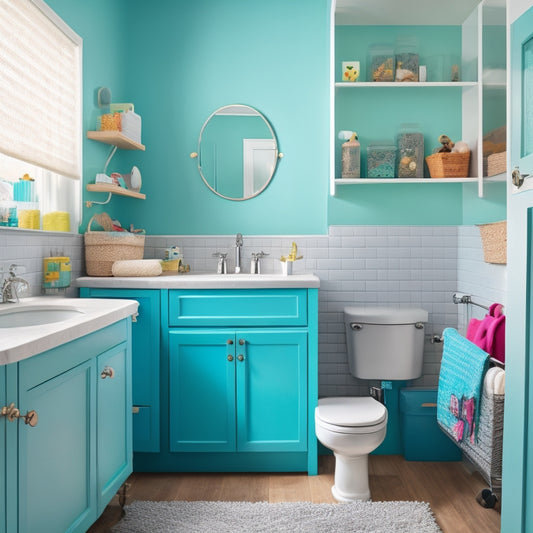 A colorful, clutter-free kids' bathroom with a white sink, turquoise walls, and a wooden cabinet featuring pull-out storage bins, a step stool, and a few toys scattered around.