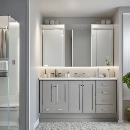 A serene, modern bathroom with a sleek, wall-mounted storage unit featuring adjustable shelves, a mirrored cabinet, and a recessed LED light strip, surrounded by calming white and gray tones.