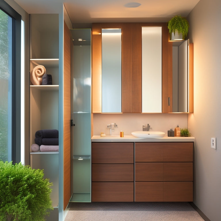 A sleek, modern bathroom with a wall-mounted cabinet featuring retractable mirrored doors, revealing a hidden storage compartment with LED-lit shelves and a built-in charging station.