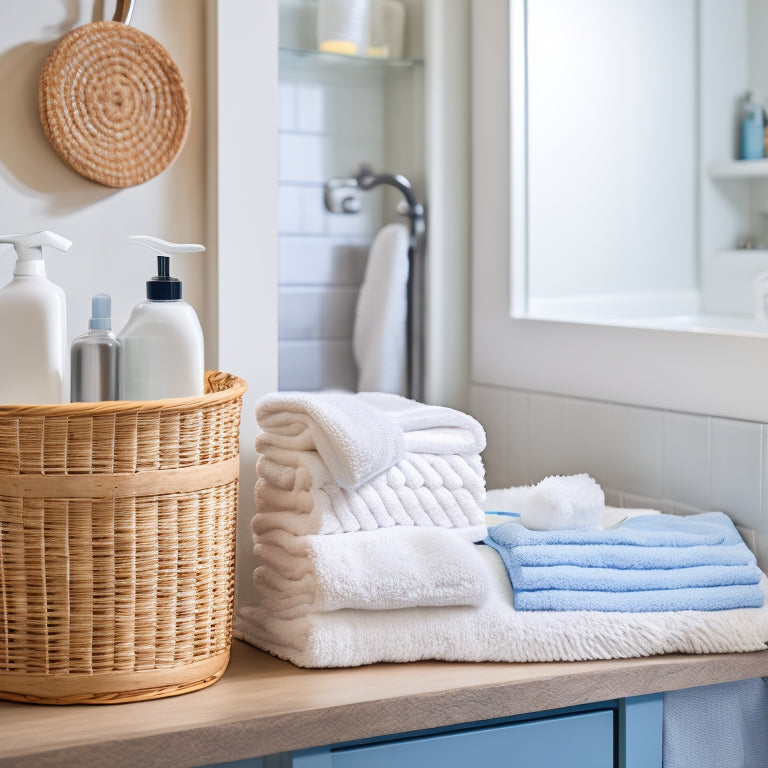 A clean and modern bathroom with a dollar store basket filled with rolled towels on a shelf, a repurposed soap dispenser as a storage container, and a DIY shower caddy made from a wire hanger.