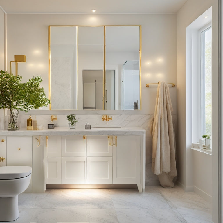 A serene, minimalist bathroom with a wall-mounted, mirrored cabinet, a pedestal sink, and a narrow, floor-to-ceiling storage unit with glass doors, surrounded by soft, warm lighting and white marble flooring.