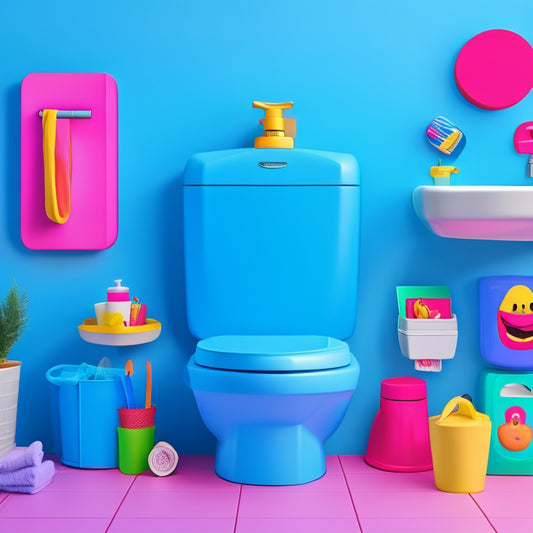 A bright, colorful illustration of a smiling cartoon toilet surrounded by cheerful bathroom accessories, with a few open ebook pages floating above, featuring playful bathroom-themed icons and graphics.