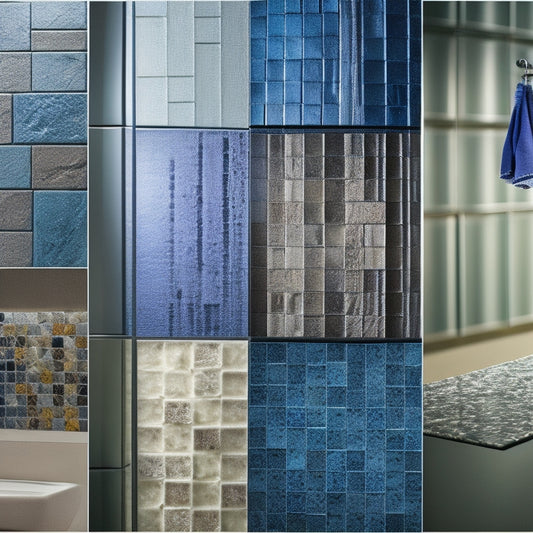 A split-screen image showcasing six distinct shower walls: glass blocks, subway tiles, natural stone, solid glass, mosaic patterns, and acrylic panels, each with varying textures, colors, and reflections.