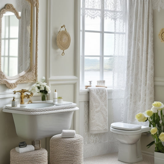 A serene bathroom scene featuring a lace-trimmed crochet vanity set, including a doily-covered stool, intricately detailed mirror frame, and a delicate, flower-patterned shower curtain.