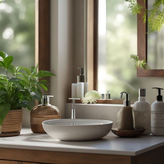 A beautifully organized bathroom countertop with a wooden vanity, a decorative mirror, and a few carefully placed toiletries, surrounded by lush greenery and soft natural light filtering through a window.