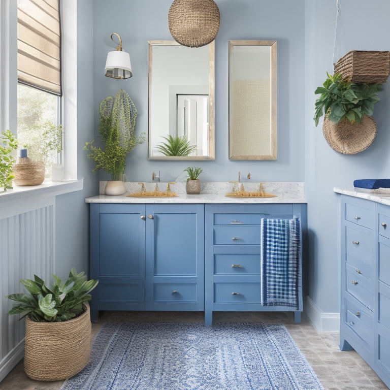 A serene, modern bathroom with a double sink vanity, white cabinets, and a large mirror, featuring a tidy storage cart, woven baskets, and a few decorative plants, amidst a calming blue and white color scheme.