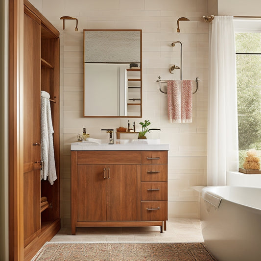 A serene, modern bathroom with a freestanding cabinet in a warm, honey-brown wood tone, adorned with ornate metal hardware, standing beside a sleek, white sink and a large, walk-in shower.
