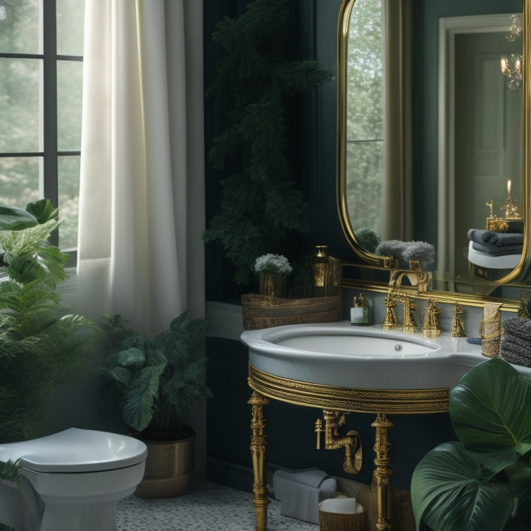 A serene bathroom scene with a freestanding tub, surrounded by lush greenery, and adorned with gold accents, featuring a decorative soap dispenser, towel rack, and a ornate mirror.