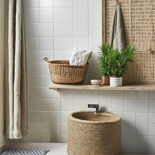 A serene, minimalist bathroom with a wall-mounted, reclaimed wood shelf holding a woven seagrass basket, a small potted plant, and a few rolled towels, against a soft, moss-green background.