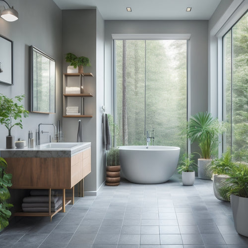 A modern bathroom with sleek, floor-to-ceiling gray tiles, a freestanding tub, and a rainfall showerhead, surrounded by lush greenery and soft, warm lighting.