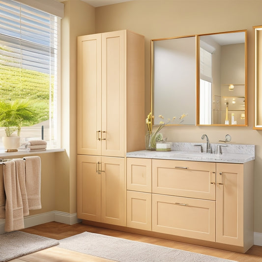 A modern bathroom with cream-colored walls, featuring a sleek, wall-mounted cabinet with three soft-close drawers in a polished chrome finish, surrounded by a clutter-free countertop and a few decorative towels.
