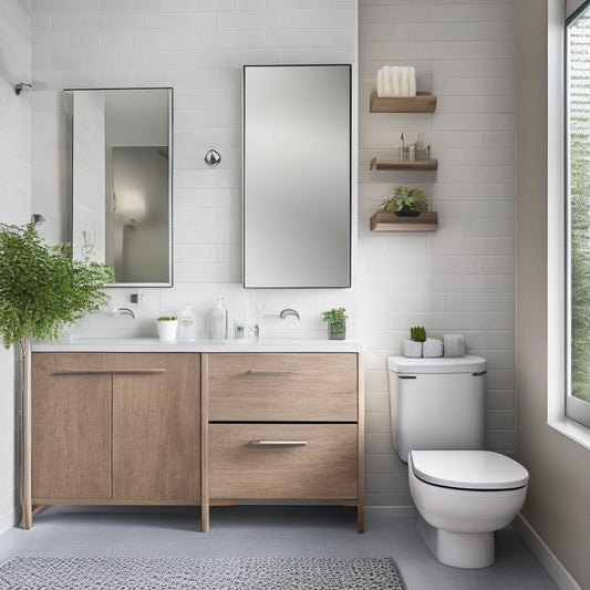 A sleek, modern bathroom with a wall-mounted cabinet featuring mirrored doors, a pedestal sink with built-in storage, and a woven basket placed under a floating shelf.