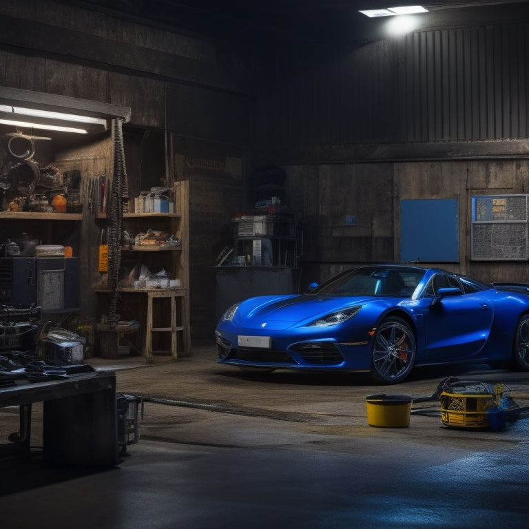 A dimly lit garage with a single, sleek sports car on a lift, surrounded by scattered tools and diagrams, with a laptop open on a nearby workbench, glowing with a bright, blue-lit screen.